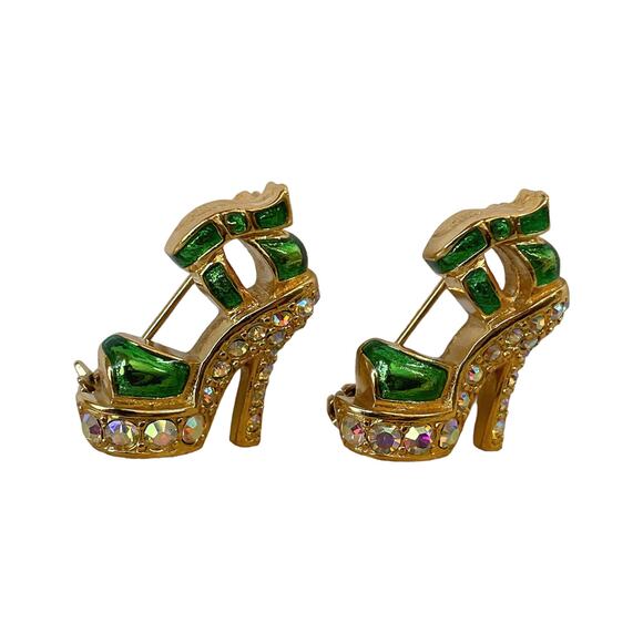 Suzanne Bjontegard Gold Green Enamel & AB Rhinestones Pair Stiletto Shoe Pins - Picture 3 of 3